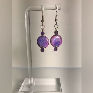 Handcrafted purple and blue crazy lace agate and amethyst beaded earrings.